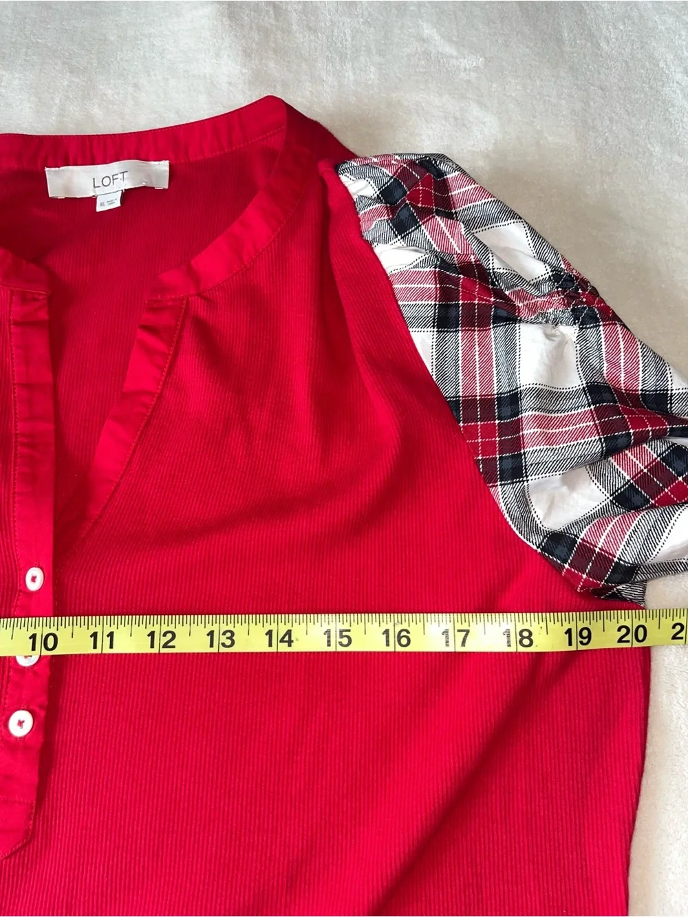 LOFT Red Henley Top with Plaid Puff Sleeves Mixed Media V Neck Buttons Sz XL